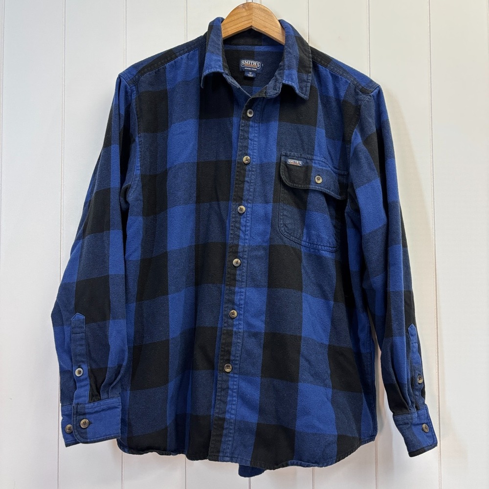 Smiths Workwear Mens Rugged Button Down Plaid Flannel Size L Blue Black Hipster